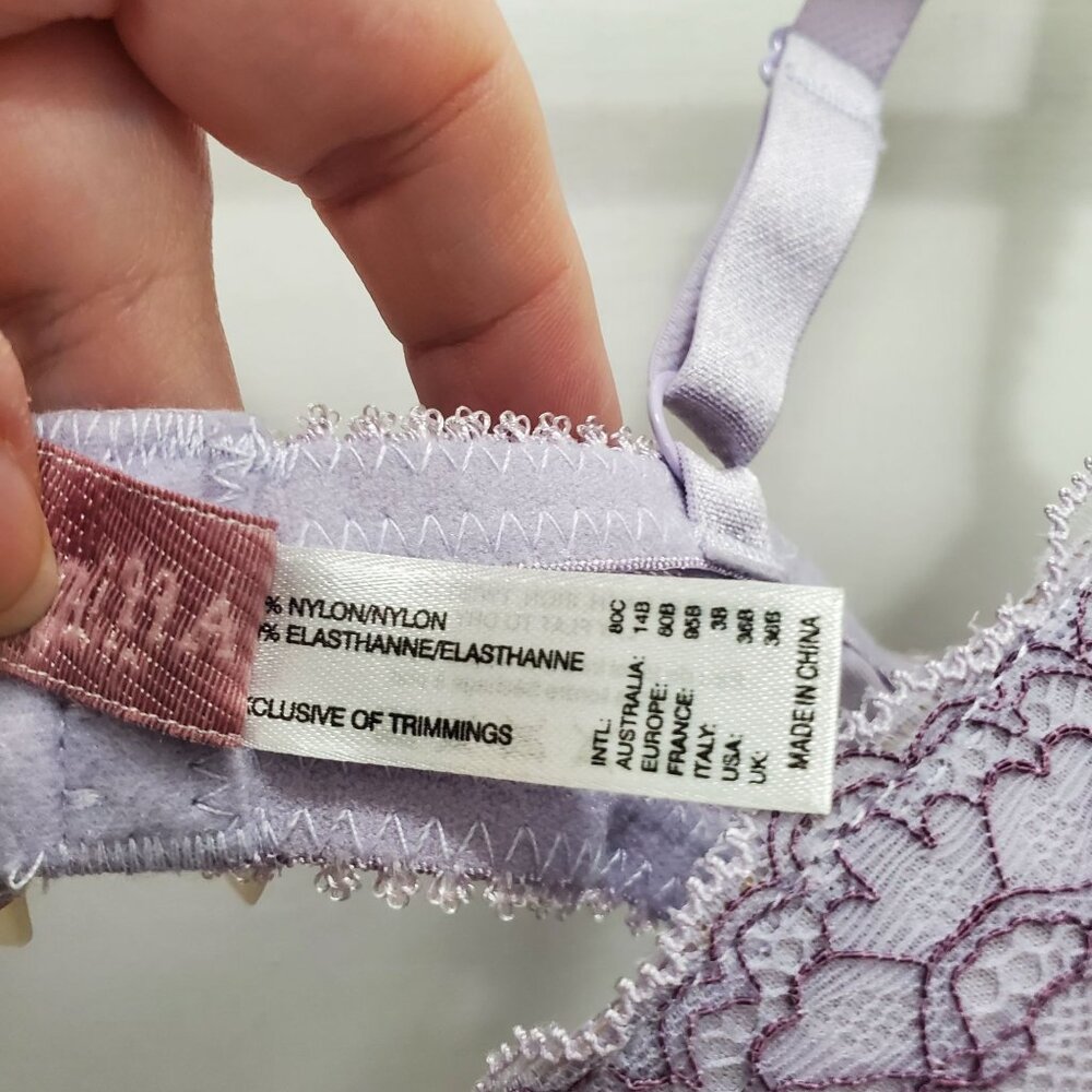 Affinitas Intimates Lilac Purple‎ Embroidered Lace Ruffle Strap Push Up Demi 36B - Picture 4 of 5